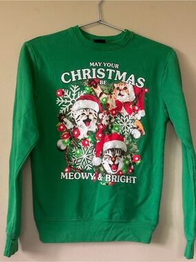 Green Christmas 'Meowy & Bright' Crewneck Sweater